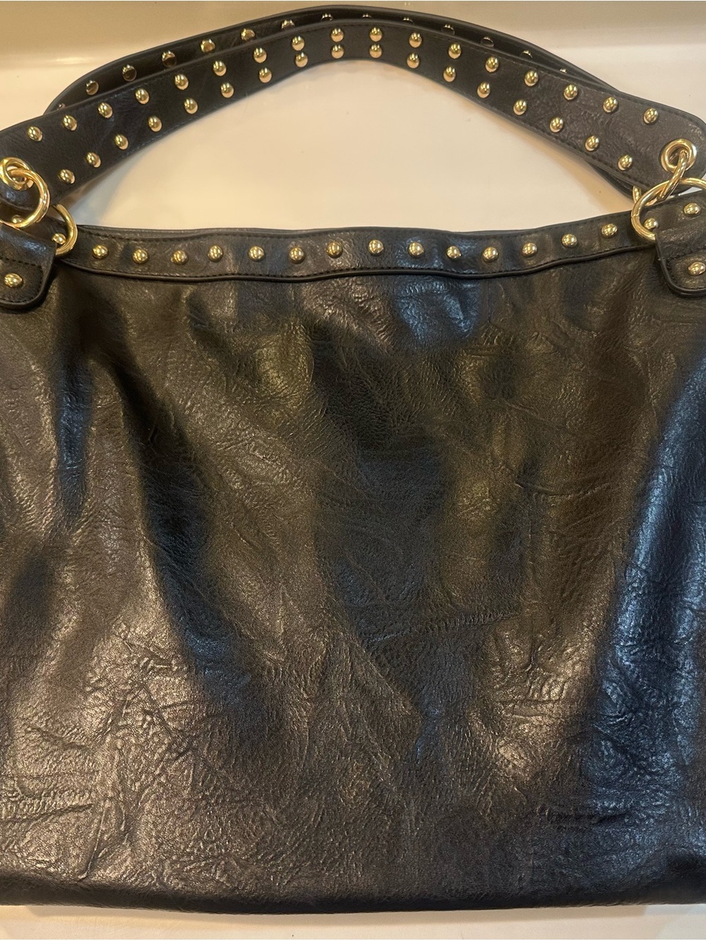 Black Vegan Faux Leather Studded Hobo Tote Bag | Gold Hardware 16” x  13” x 6”